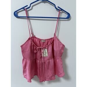 Free People Babydoll Tank Top Pink Cami Size Large Womens Ruffle Tie Front Satin